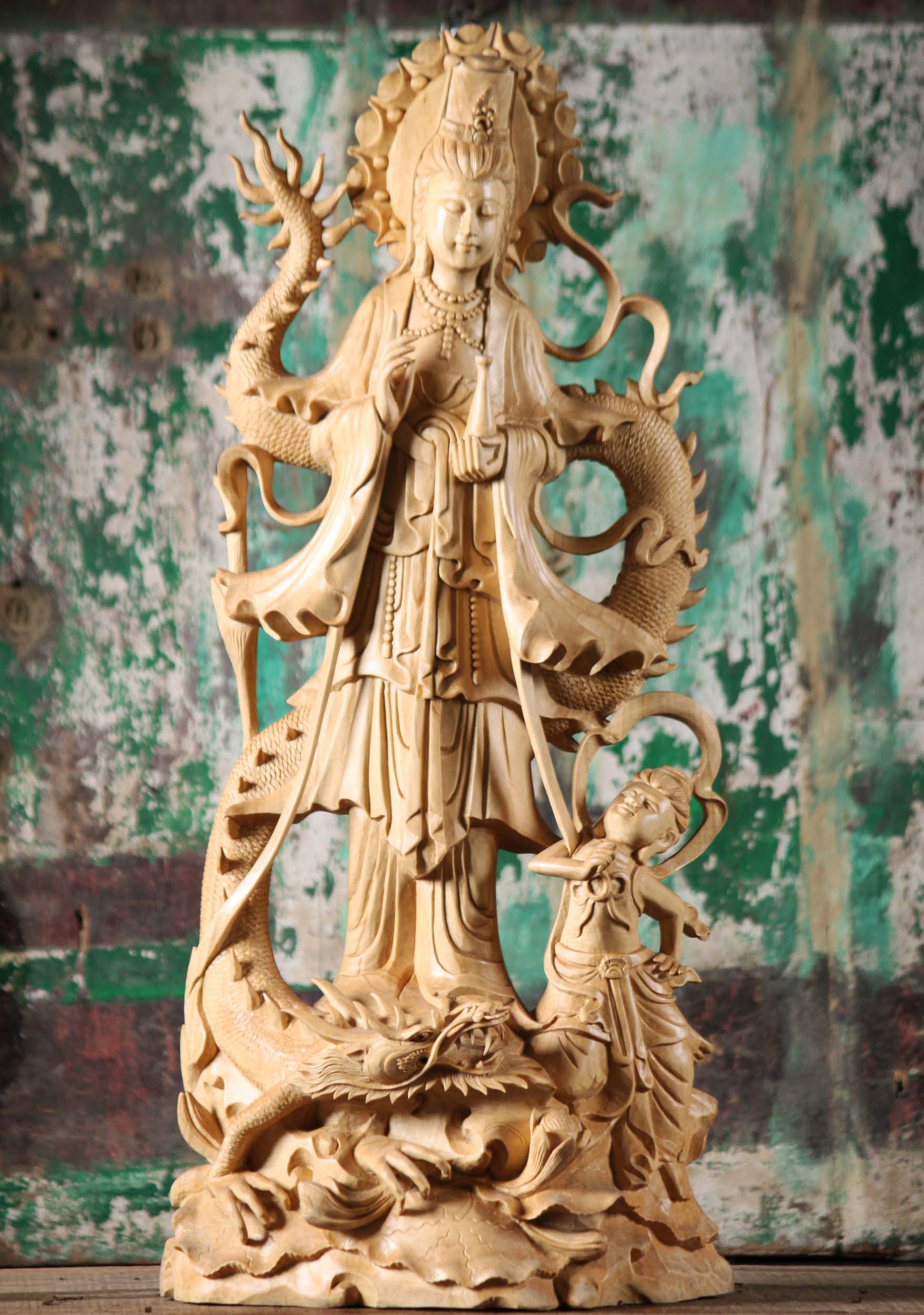 Wooden Kwan Yin Statue with Dragon 25"